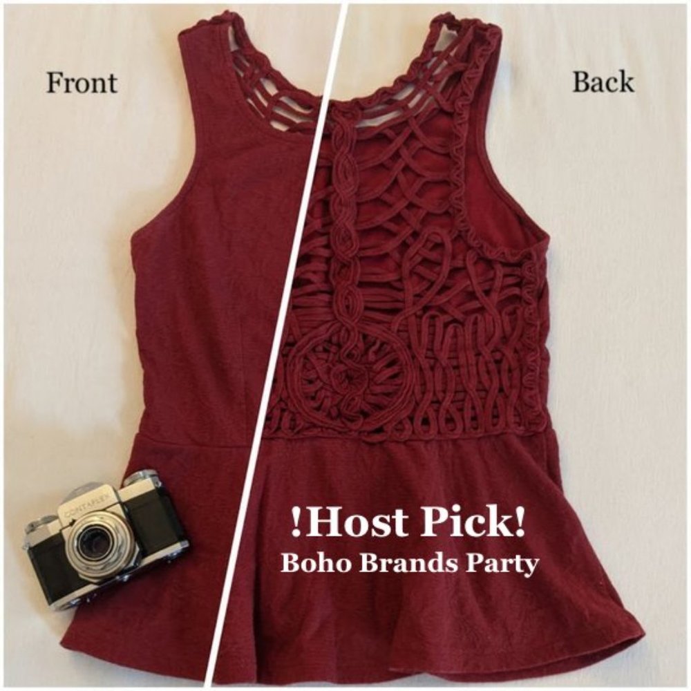 Free People Burgundy Macrame Peplum Top